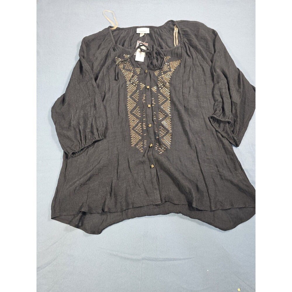 Roper Black Gauze Studded Peasant Blouse Boho Western Embroidered Top 2X